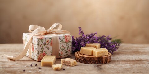 Obraz premium Gift box with natural soap and lavender, highlighting sustainable packaging and ingredients for eco-conscious consumers, Earth Day