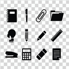 Collection of office supplies icons in black silhouette on transparent background