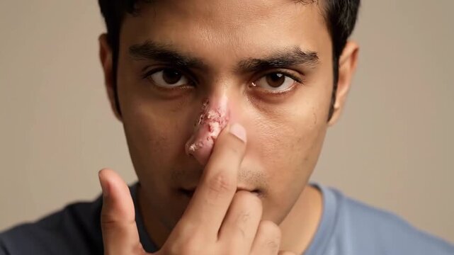 Man Shows Healing Process of Facial Scar Tissue After Surgery or Injury
