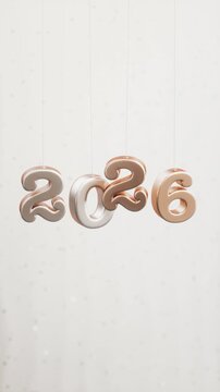 New Year 2026 looping video for social media with hanging metallic numbers on a festive background with confetti and soft lighting in 3D animation