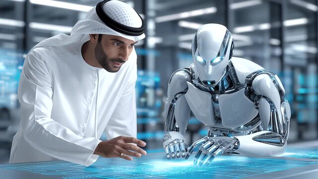 Emirati scientist collaborating with an advanced AI robot, both interacting with a holographic interface, symbolizing the future of innovation, machine learning, and human robot partnership
