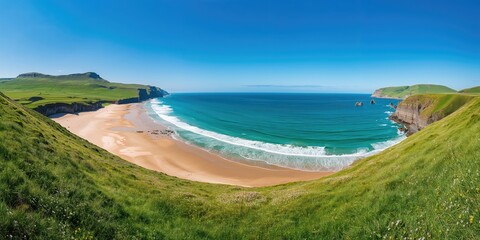 Gower Peninsula Rhossilli Bay with lush green hills and sandy shoreline, suitable for environmental preservation awareness