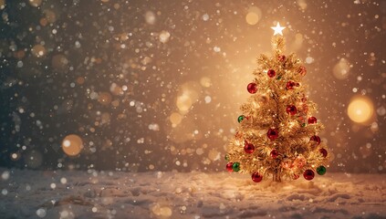 Decorative Christmas tree with synthetic snow, holiday setting for celebration