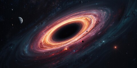 Fototapeta premium Black hole, planets, and galaxies in a science fiction wallpaper with a focus on deep space exploration themes, cosmic vastness