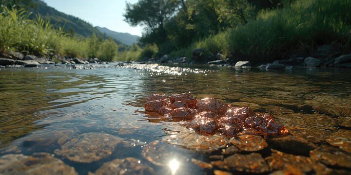 Stream flowing through a mineral-rich area with visible copper deposits, landscape scene