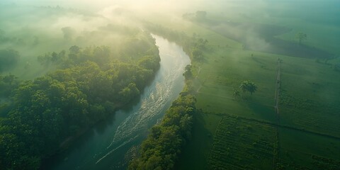 Aerial shot of terrain with flowing river emphasizing erosion concerns, ideal for ecological planning