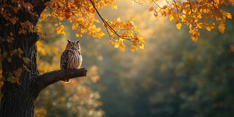 Fototapeta premium A nocturnal bird perched on a tree amid fall foliage, highlighting seasonal transition