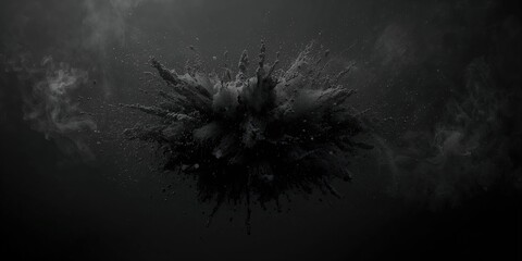 Obraz premium Black powder explosion with splash and charcoal dust, safety precautions, dark background, industrial safety awareness