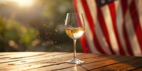 Glass of white wine and American flag as party accessories, festive atmosphere for a celebration