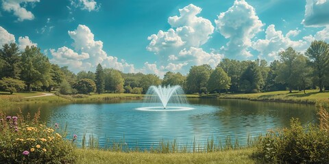 Bright summer landscape in a park featuring a pond with a water fountain and dense foliage