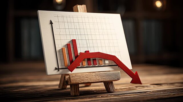 Financial graph displaying descending red arrow on wooden easel, representing economic downturn and market performance decline against neutral backdrop