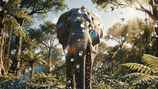 Statuesque elephant sculpture in jungle; droplets glisten on dark stone amid ferns under dim sunrise