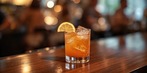 Glass of alcoholic cocktail with ice and lemon slice, refreshing serve for social gatherings