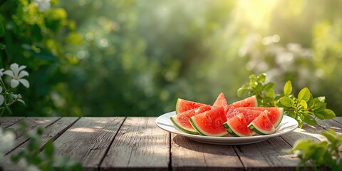 A serving of juicy watermelon pieces arranged on a plate, emphasizing natural refreshment