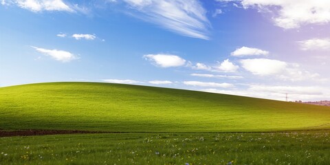Naklejka premium Green hillside with bright blue sky, serving as a natural background for text and layout, Earth Day