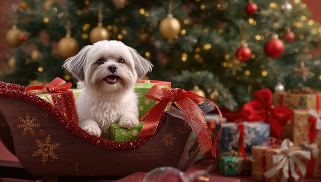 Christmas-themed scene with a Havanese dog among gifts in a sleigh, festive decor
