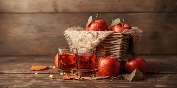 Apple brandy shots accompanied by fresh red apples in a rustic wicker basket on wooden surface, suitable for seasonal harvest celebrations