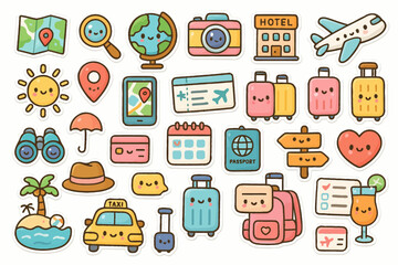 Cute travel-themed stickers: passport, airplane, luggage, map, and more