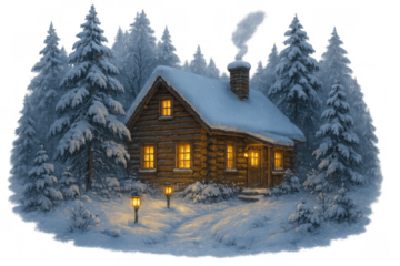 Cozy log cabin nestled in snowy forest bringing warm light at winter night with falling snow on transparent background