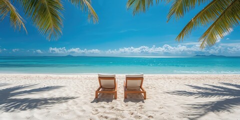 Empty beach chairs and a daybed on a clear blue beach, ideal for relaxation and sunbathing, summer season