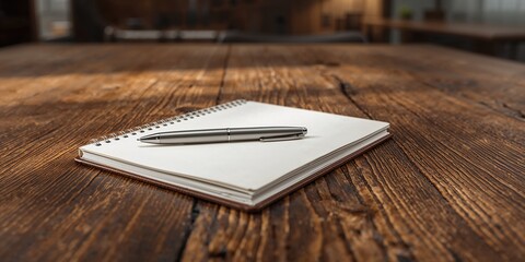 Wooden table with an open blank notebook accompanied by a silver pen, ideal for writing or planning sessions, National Writing Day