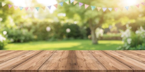 Naklejka premium Empty wooden table set for celebration with festive bunting in the background, suitable for event planning or party setup