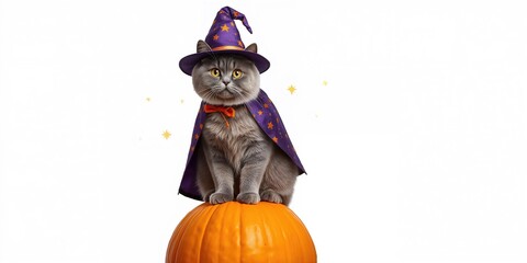 British feline in wizard attire seated on pumpkin, festive costume for Halloween