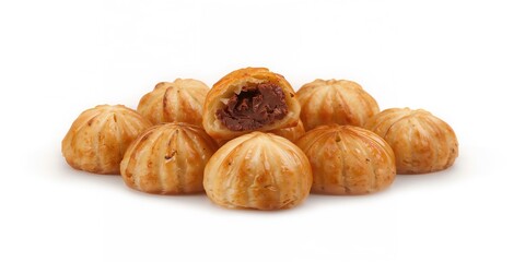 Fototapeta premium Bakpia pastry filled with green beans, chocolate, and cheese, as a snack product display