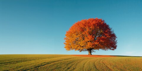 Naklejka premium Vibrant fall scene featuring brightly colored trees under clear sunlight, emphasizing seasonal transition