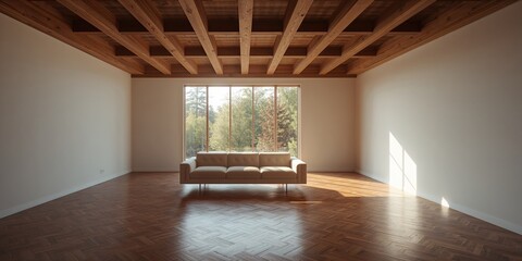 Fototapeta premium Contemporary home featuring rustic interior elements, focusing on warm living room aesthetics