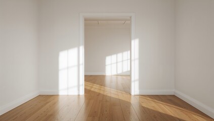 Fototapeta premium Unfurnished space with white walls and wooden floor, serving as a layout for architectural planning, World Environment Day