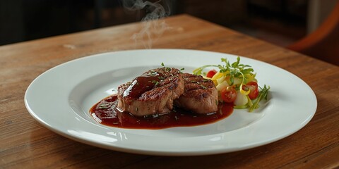 Beef and chicken medallions served together, illustrating a mixed meat dish with focus on culinary presentation