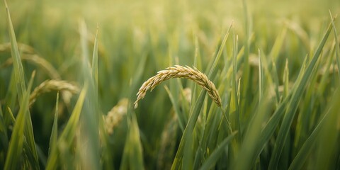 Fototapeta premium Detailed view of mature yellow rice seeds and surrounding foliage, highlighting crop maturity