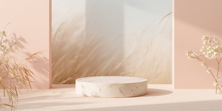 Stone and cream-colored items on a platform with sand and grass elements, designed for layout or presentation use