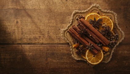 Spice and citrus display with cinnamon, star anise, cloves, and orange slices on rustic wood serving as a natural decoration, Seasonal Change