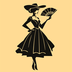 Elegant vintage silhouette vector illustration of a woman with a hat and fan