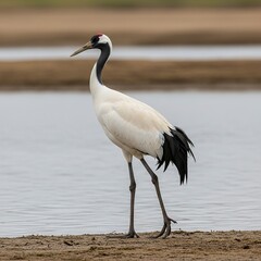 Obraz premium Elegant Red-crowned Crane Strolling Along the Shoreline in Natural Habitat.