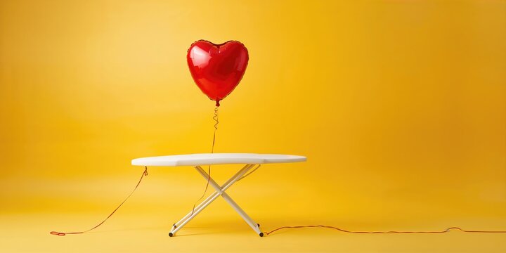 Heart shaped balloon tied to ironing board over yellow background, household safety and maintenance practices - Powered by Adobe