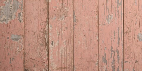 Detailed view of aged peach pink pine wood with peeling paint, used as background for editorial content
