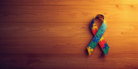Autism awareness symbol with a puzzle pattern ribbon placed on a textured wooden surface, promoting inclusion
