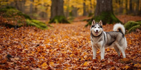 Fototapeta premium Husky dog in a scenic autumnal forest with fallen leaves, seasonal change and outdoor activity