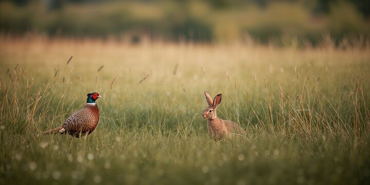 A female pheasant alongside a hare in their habitat, focusing on animal interaction, World Wildlife Day