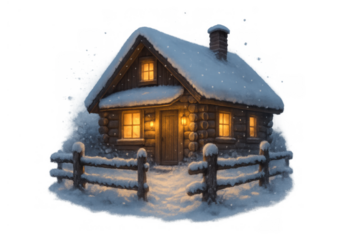 Cozy snowy log cabin at night with warm light, welcoming winter christmas holiday season illustration