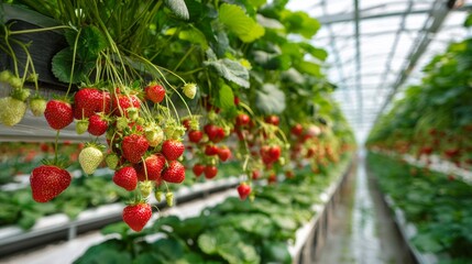 Fresh strawberries growing in an indoor greenhouse surrounded by lush green foliage with bright lighting enhancing their vibrant colors