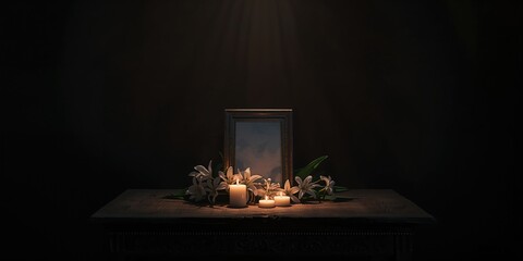Empty funeral display featuring candles and lilies arranged on a wooden surface in a dimly lit room, emphasizing memorial reverence