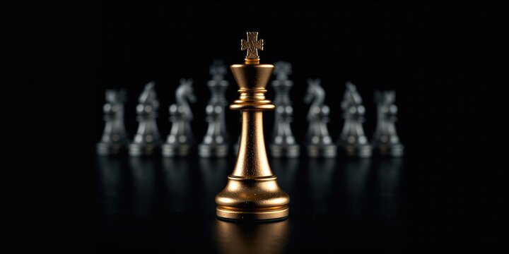 Gold king chess piece facing a silver counterpart on a black background, symbolizing strategic decision-making in business, no specific holiday