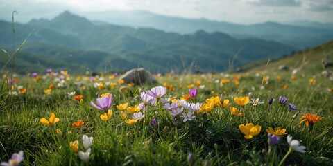 Naklejka premium Springtime alpine flora on Mount Teghenis, emphasizing seasonal floral diversity