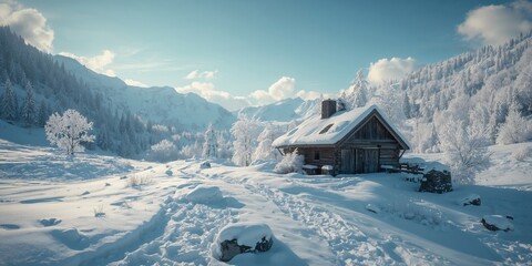 Obraz premium Rustic wooden cabin in snow-covered mountain landscape, ideal for winter getaway