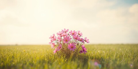Obraz premium Cosmos flowers in bloom against a bright sky, suitable as a background for text or layout, Earth Day