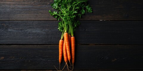 Aerial view of fresh carrots with green tops on a wooden surface, healthy produce for nutrition awareness
